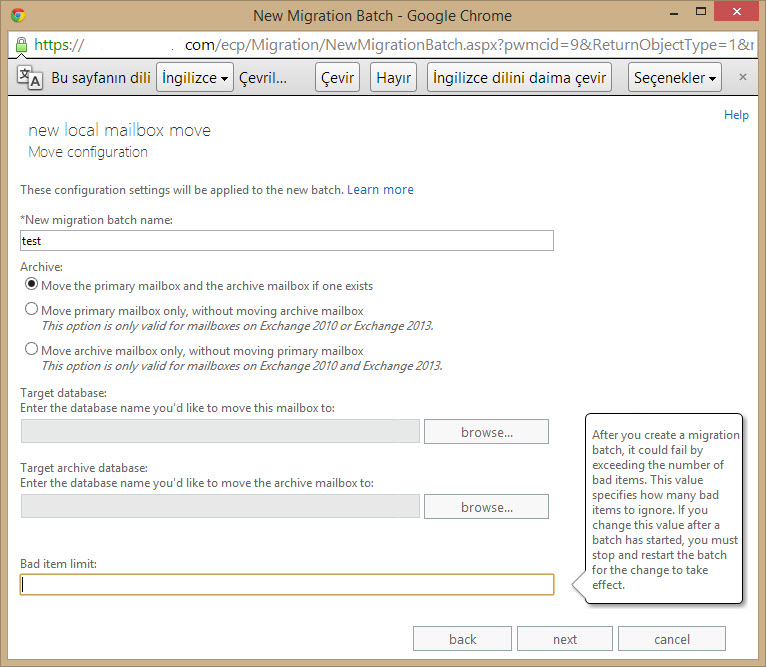 exchange 2013 ile mailbox migration(farklı database’e taşıma) işlemi