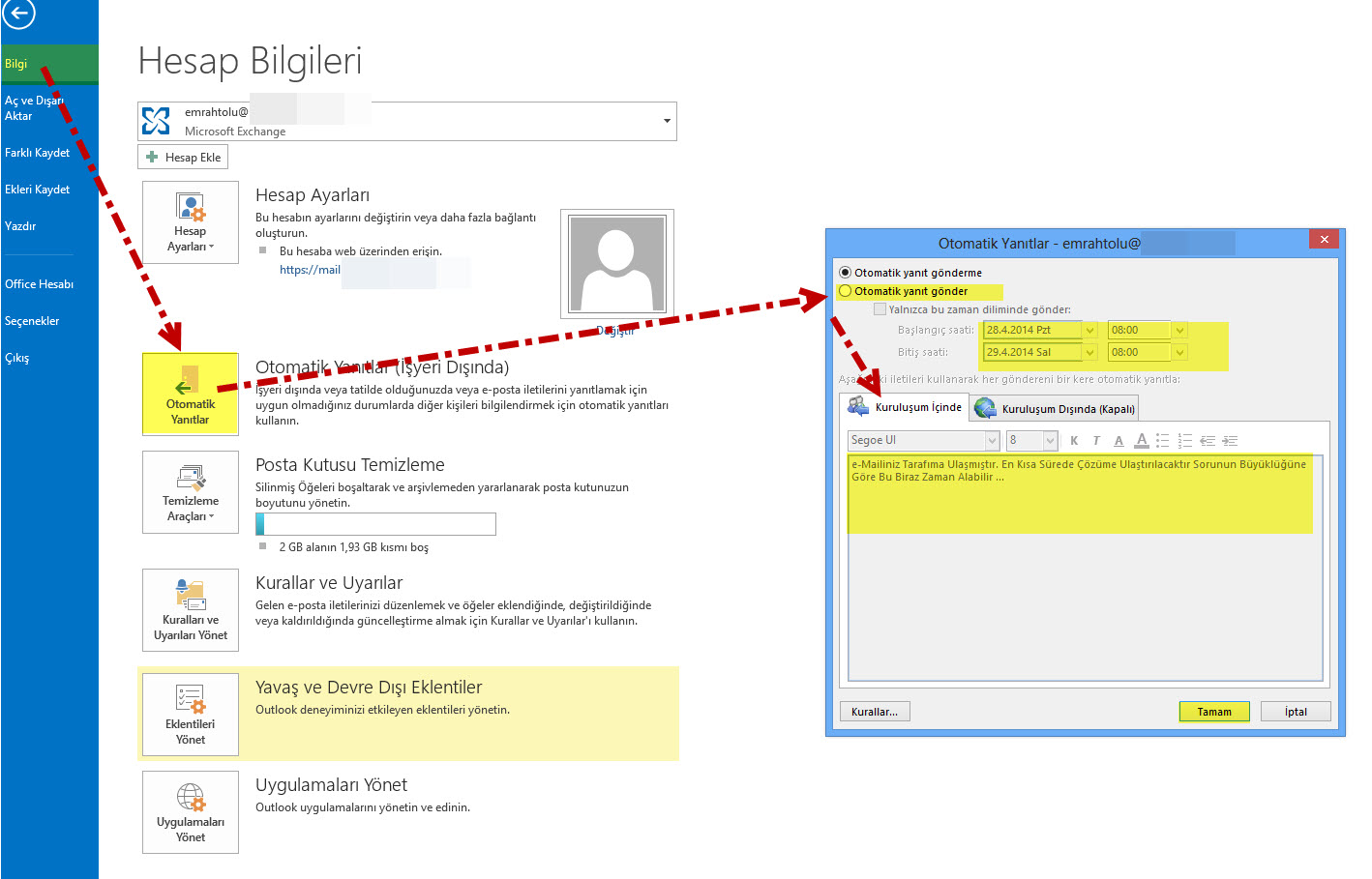 Outlook 2013 ile exchange otomatik yanıt ayarlama
