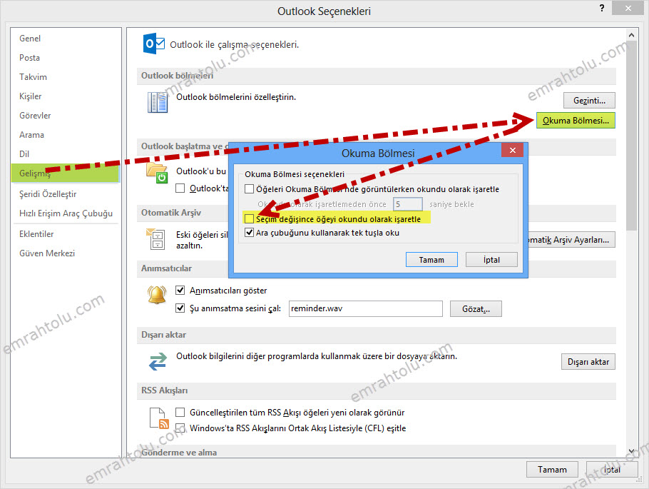 Outlook 2013 Seçime Bağlı Okundu olarak işaretlenmesi