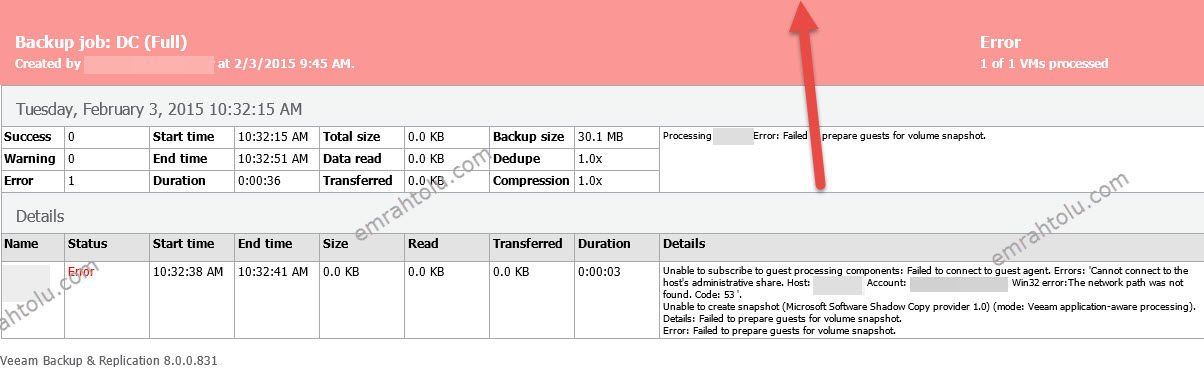 Veeam Backup Win32 error: The network path was not found. Code 53 Hatası