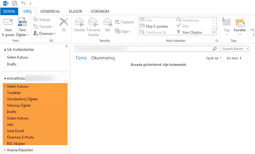 Outlook  ingilizce klasör isimlerini türkçe yapmak