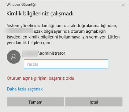 remote desktop credentials did not work- kimlik bilgileriniz çalışmadı