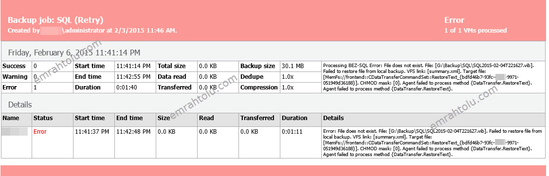 Failed to restore file from local backup Hatası